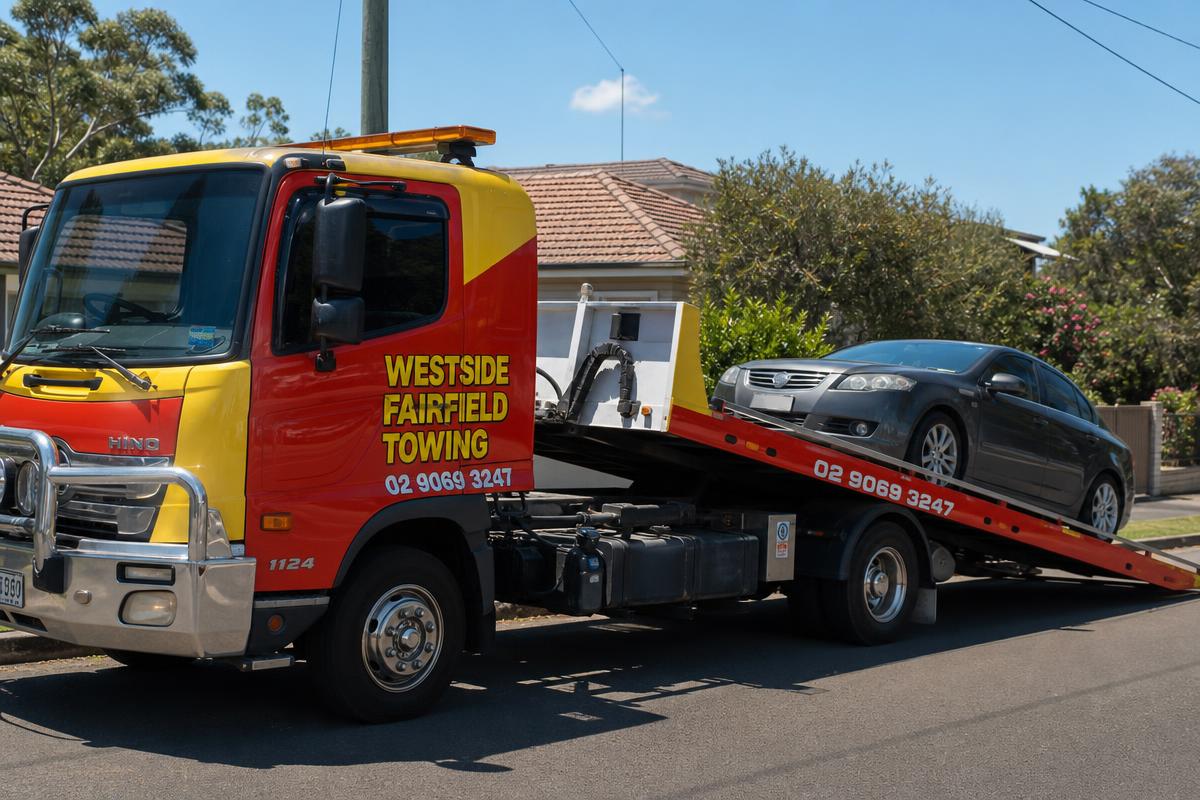 Car towing in Fairfield on a Westside Fairfield Towing flatbed truck