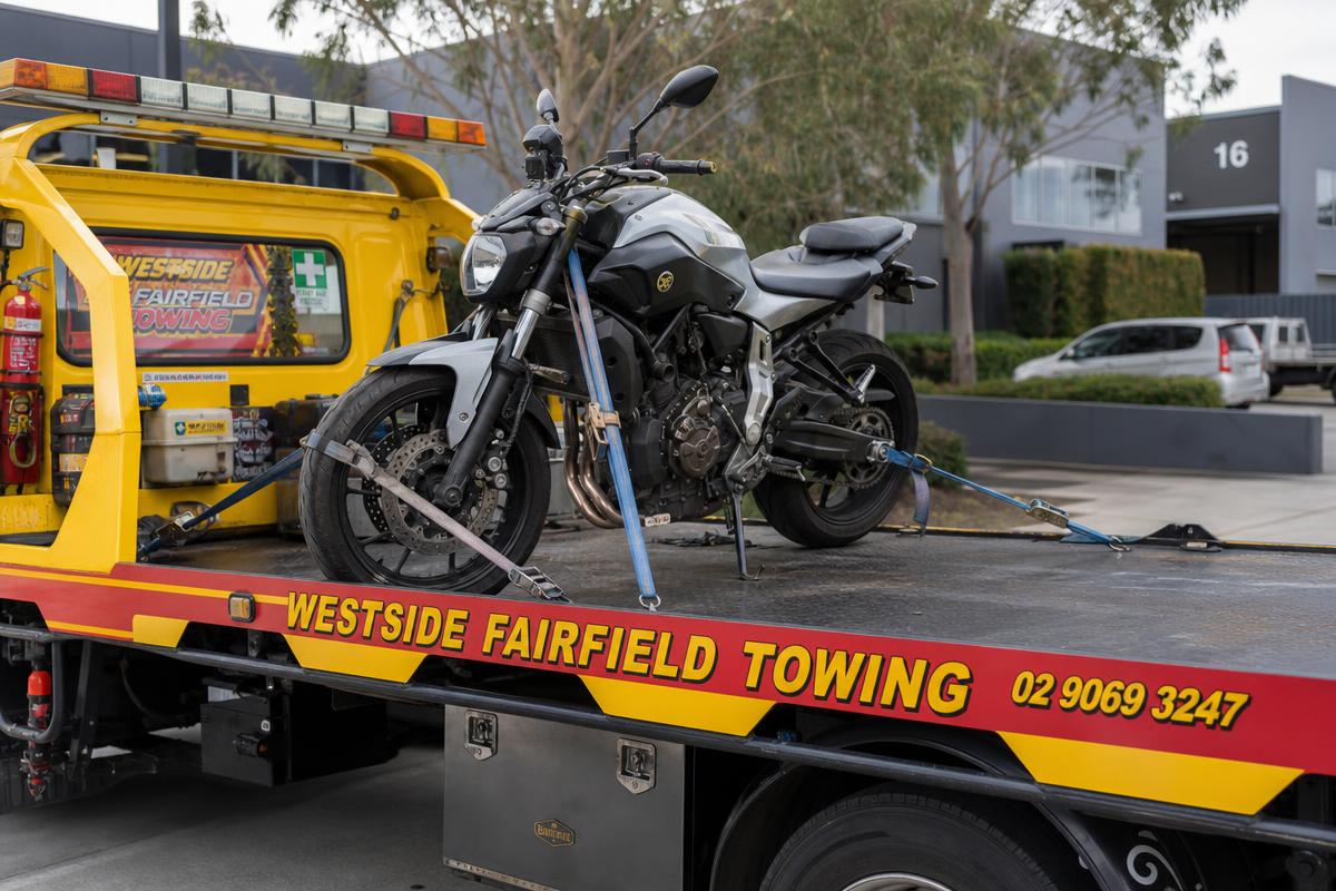 Motorbike towing on a Westside Fairfield Towing flatbed truck